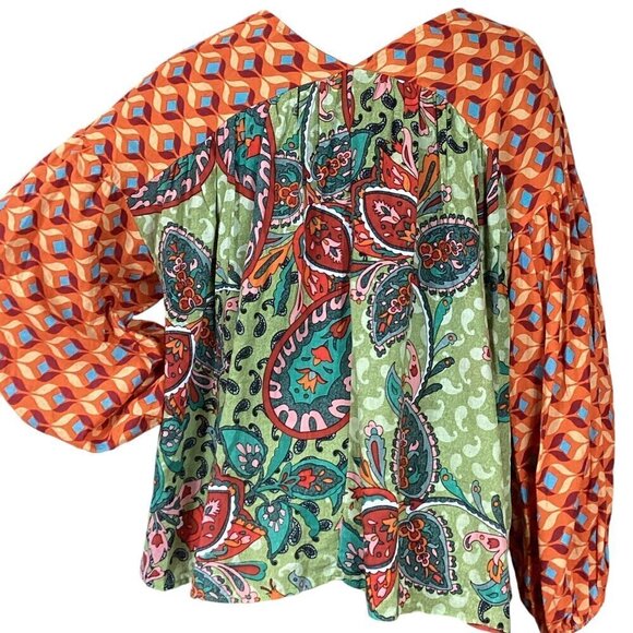 BUCKET LIST Cotton Top Mixed Pattern Paisley BOHO Peasant V-Neck Top S #312D - Picture 5 of 7